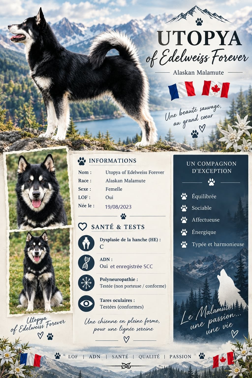 Flyer de présentation d’Utopya of Edelweiss Forever, maman de la portée.